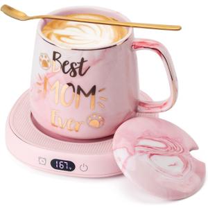 Coffee Mug Warmer & Best MOM Ever Mug Set, Electric Cup Warmer for Desk, Beverage Warmer with 4 Temperature Setting, 8H Auto Shut Off, Mom Gifts from Daughter Son