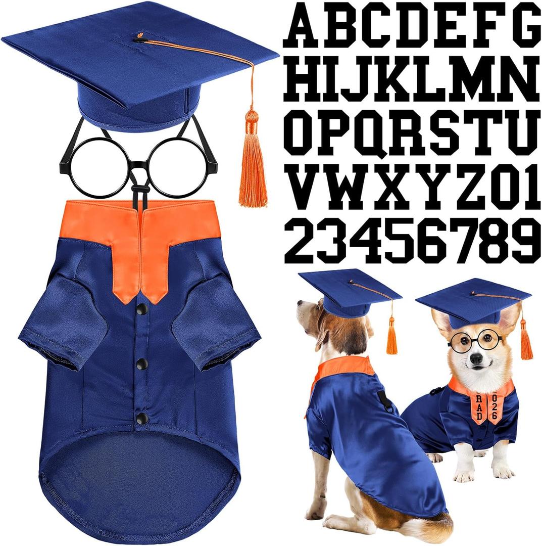 Huhumy 5 Pcs Dog Graduation Costume Set Include 2026 Pet Graduation Gown with Stole Puppy Grad Cap Lensless Glasses DIY Letter Stickers for Dogs Cats Holiday Costume Accessory(Blue Orange,L)