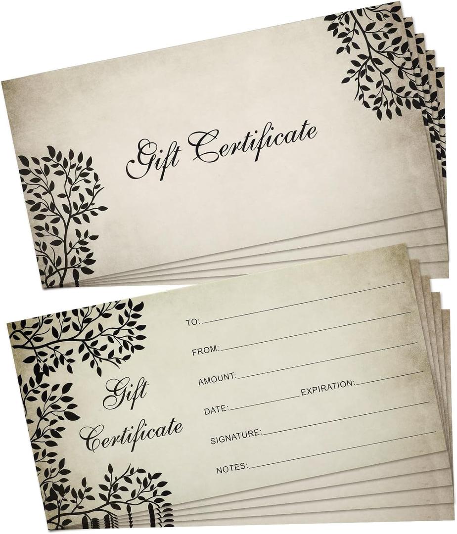 Outus 50 Pcs Blank Gift Certificates for Business Vouchers Coupon Certificates Cards Graduation Gift Card for Spa Salon Restaurants Custom Client Birthday Wedding, 3.5 x 7 Inch(Gray)