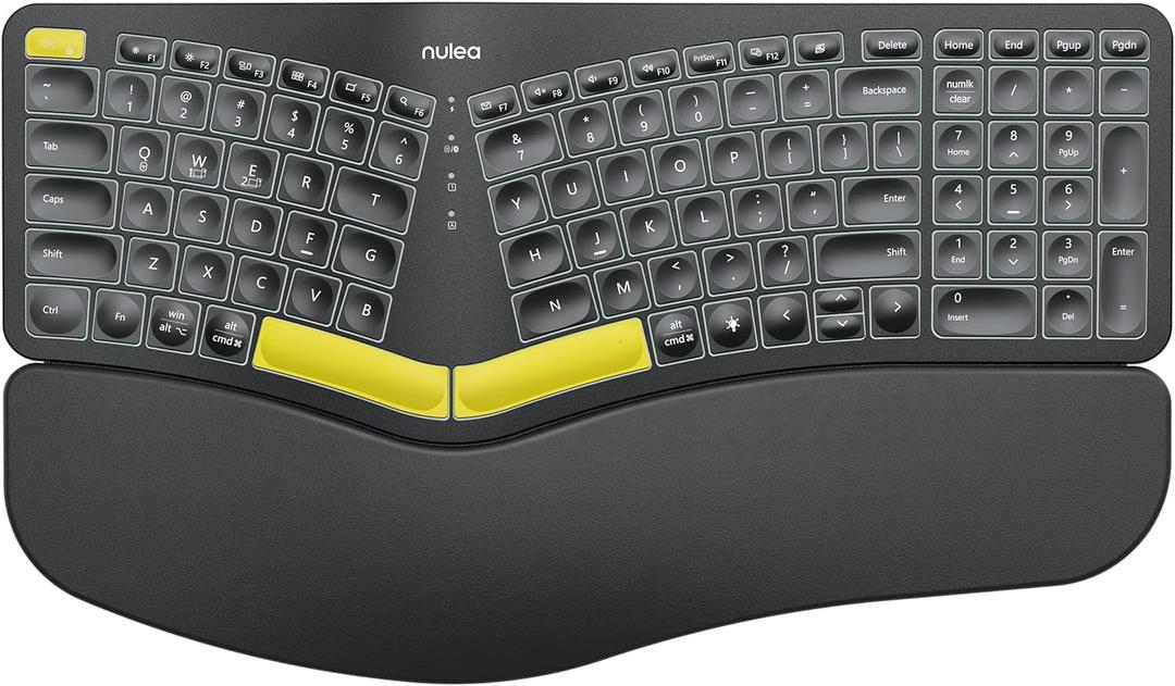 Nulea Wireless Ergonomic Keyboard, Split Keyboard with Wrist Rest, USB-C Charging, 7-Color Backlight, Natural Typing, Bluetooth and USB Connectivity, Compatible with Windows/Mac