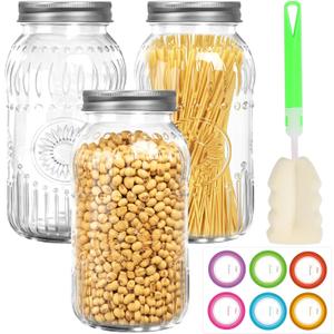 64 oz Glass Mason Jars Wide Mouth with Airtight Lids & Bands, 3 Pack with Sunflower Design, Large Half Gallon Mason Jars For Pantry, Canning, Fermenting & Pickling or Storing (Clear02)