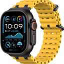 Astorgos Upgraded Ocean Band Compatible with Apple Watch Ultra 2/ Ultra 49mm, S10 46mm, 9/ 8/ 7 45mm, SE2/ SE/ 6/ 5/ 4 44mm, 3/ 2/ 1 42mm for Men Women, Metal Connector Breathable Sport Watch Strap, Black/ Yellow