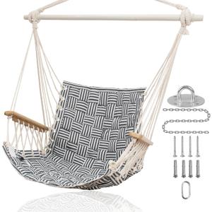 [Upgraded] Hammock Chair Hanging Swing with Wooden Armrests;Steel Spreader Bar and Anti-Slip Rings;Cotton Woven Fabric;Up to 300 Lbs for Bedroom,Patio,Porch,Deck-Indoor Midnight Blue Stripe