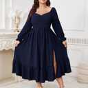 SCOMCHIC Womens Plus Size Wedding Guest Cocktail Dress Sweetheart Neckline Long Sleeve Smocked Ruffle Slit Maxi Dresses (Blue, XXXL)