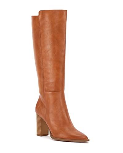 Juliet Holy Women's Knee High Boots Stacked Block Heel Pointed Toe Riding Boots Brown 6.5