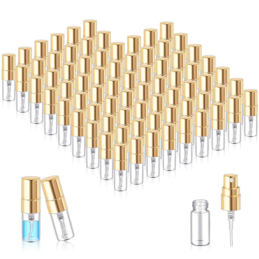 Zhehao 50 Pcs Mini Spray Bottles 2 ml Clear Glass Perfume Bottles Refillable Fine Mist Perfume Atomizer Portable Empty Sample Containers for Cleaning, Essential Oils, Travel (Gold Cap)