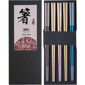 Metal Chopsticks Reusable Multicolor Stainless Steel Chopsticks Dishwasher Safe Chop Sticks Laser Engraved Copper Coin Pattern Square Non-slip, 9 1/4 Inches 5 Pairs Gift Set