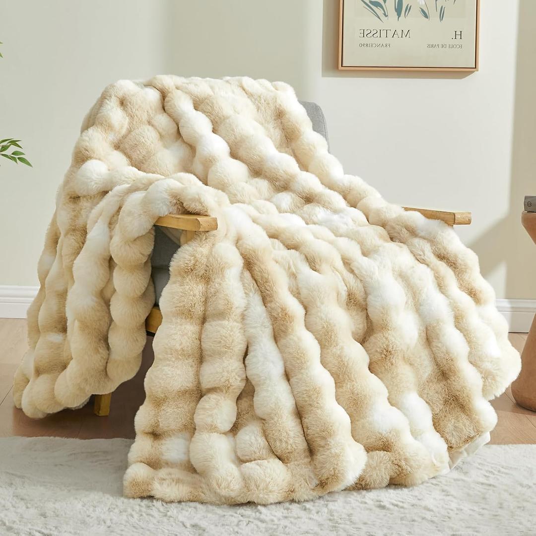 BEDELITE Faux Fur Throw Blanket for Couch, Decorative Tie-Dye Khaki Plush Bubble Blanket - Super Soft & Cozy Fluffy Faux Rabbit Fur Blanket for Women Gift, 50x60 Inches