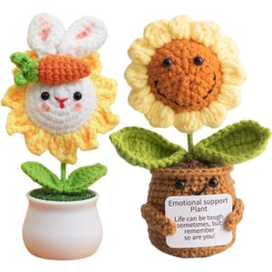 Easter Gift Emotional Support Crochet Sunflower, Bunny and Smiling Sunflower, Handmade Knitted Flowers Doll, Positive Sunflowers Decor with Positive Card, Easter Basket Gifts Stuffer