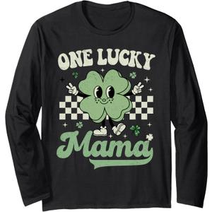 Retro Groovy St Patricks Day One Lucky Mama Hippie Shamrock Long Sleeve T-Shirt, Size: XL