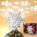 Christmas Tree Topper Lighted with White Snowflake Projector, LED Rotating Snowflake, 3D Glitter Lighted Sliver Snow Tree Topper for Christmas Tree Decorations (Silver-1)