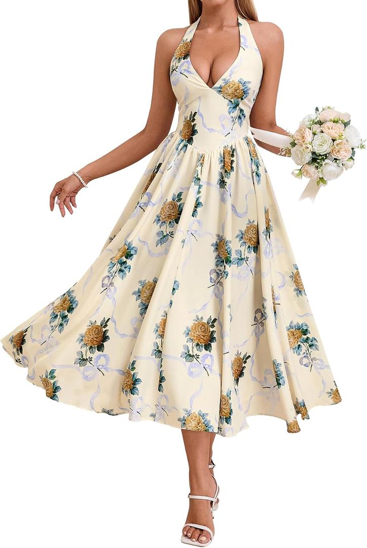 Parthea Women's Gingham Halter V Neck Midi Dress Corset Smocked Sundress Flowy A Line Wedding Guest Dresses, Size: 10-12
