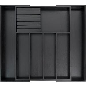 VaeFae Premium Bamboo Silverware Drawer Organizer Kitchen, Expandable Utensil Organizer with Knife Block, Cultery Tray with Divider for Flatware (Black) (Large)