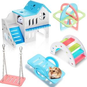 Skylety 5 Pcs Hamster Toys Include Wooden Accessories Hamster House Guinea Pig Hideout Rainbow Bridge Seesaw Swing Exercise Circle Cage Toy for Small Animals(6.3 x 3.93 x 5.5 Inch,Blue)