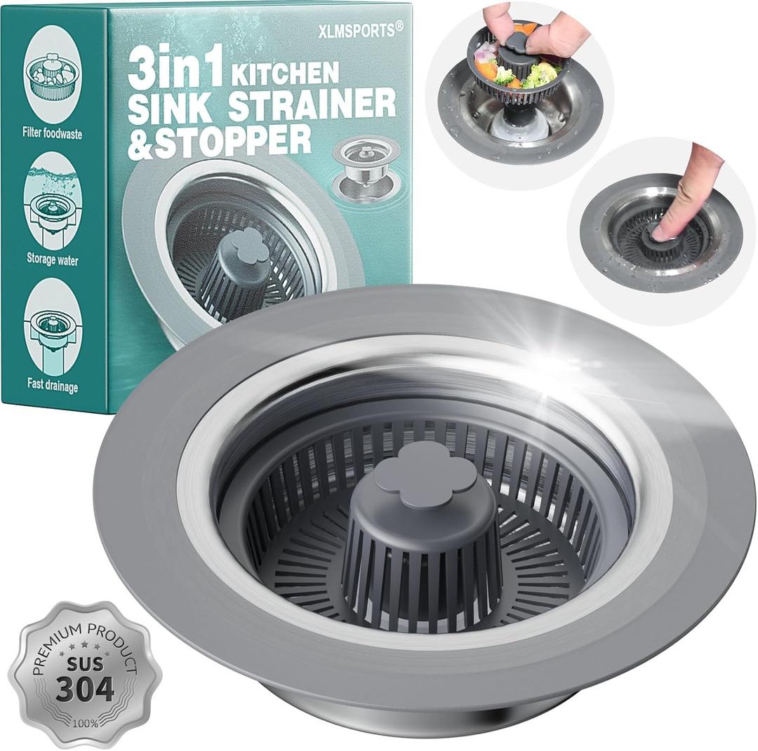3 in 1 Kitchen Sink Drain Strainer and Stopper, 304 Stainless Steel Pop-up Anti-Clogging Basket Strainer, Fast Drainage Kitchen Sink Plug for Standard 3-1/2" Drain Hole (Silver+grey)