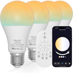 ORALUCE LED Remote Control Light Bulbs 60 Watt Equivalent, Dimmable 2700-6500K Lightbulbs E26 Base, A19 Bluetooth Smart Light Bulb for Lamp, Bedroom, 4 Pack with Remote Control