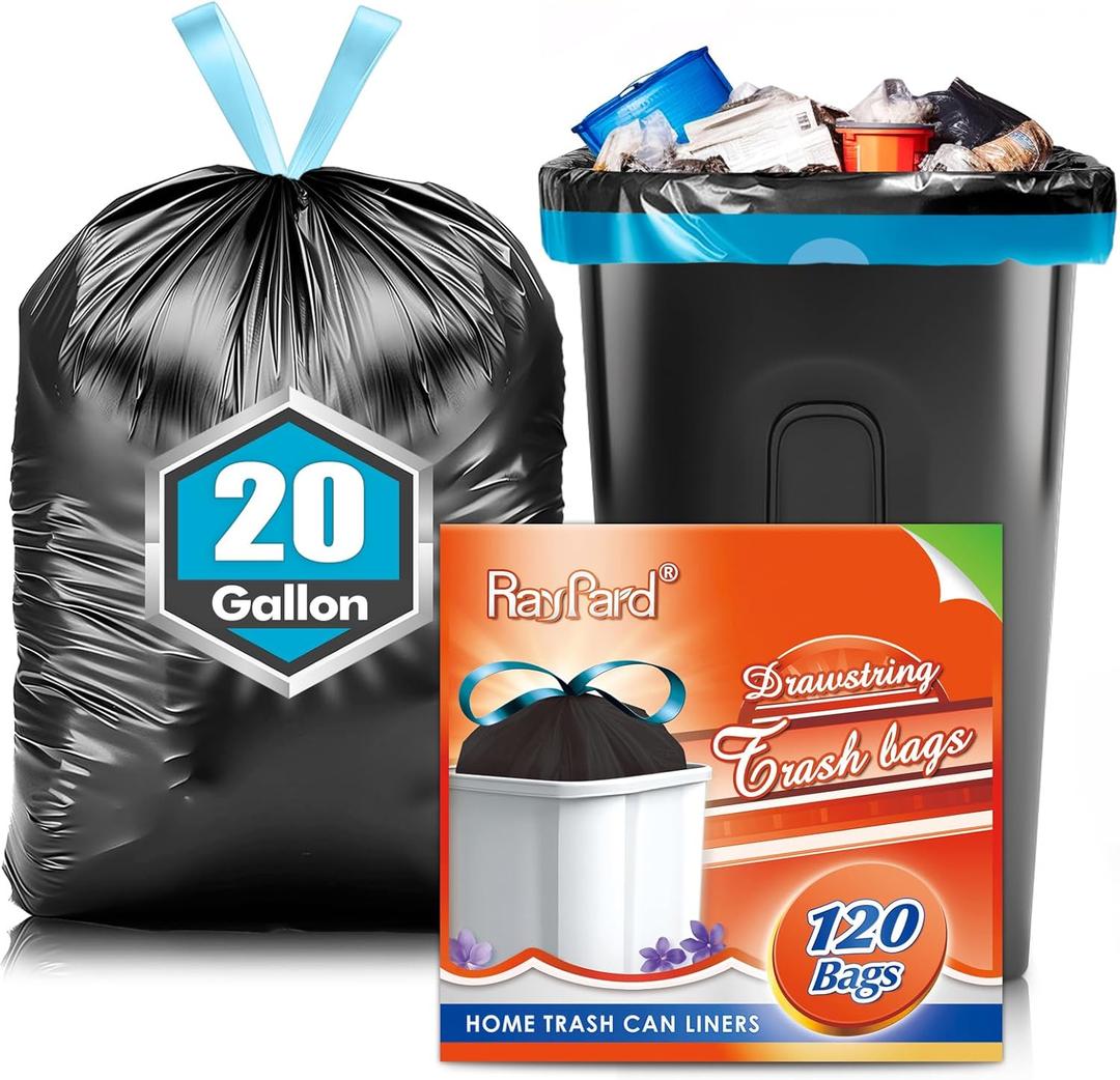 RayPard 20 Gallon Large Drawstring Trash Bags 120 Counts, Fit 2021 Gal Trash Can, Heavy Duty Tall Kitchen Garbage Liners, Large Trash Bags Size Chart for Home/Office, Outdoor Lawn & Leaf Bags, Black