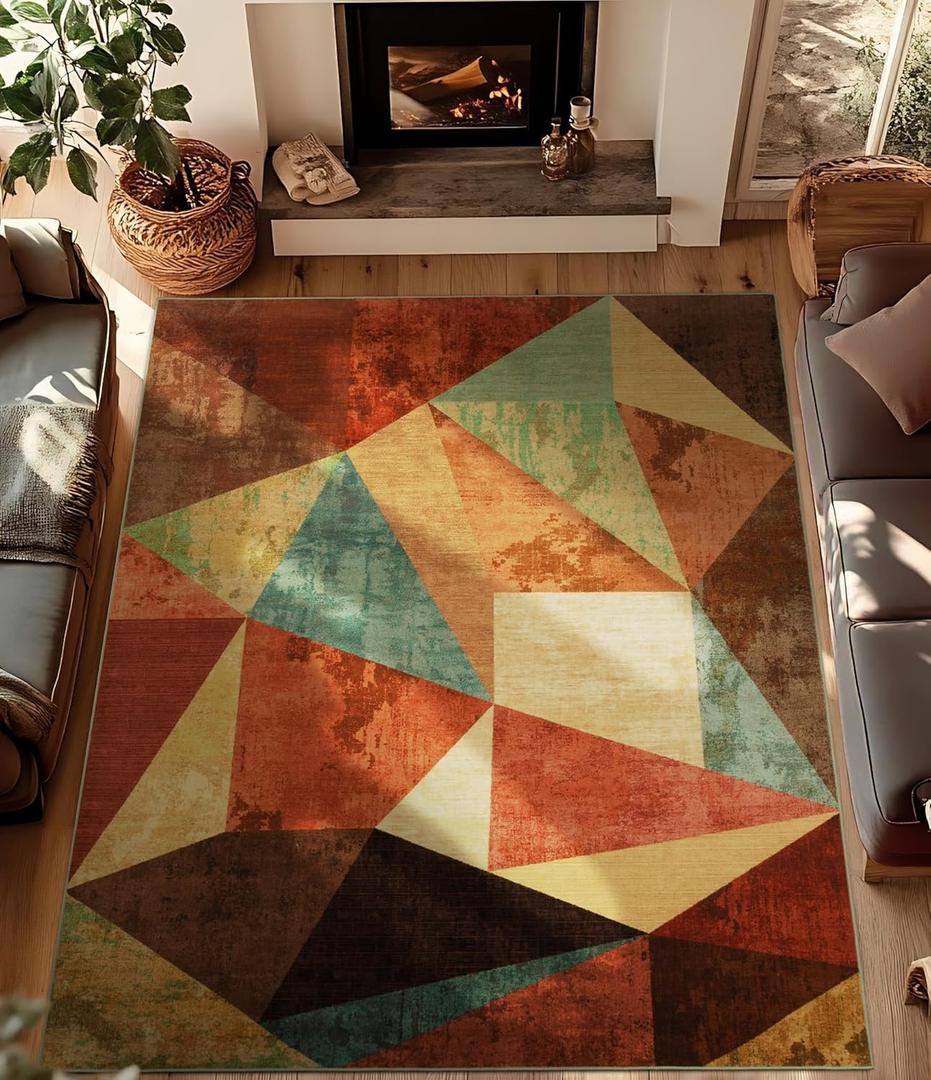 YIHOUSE Brown Area Rug 8x10, Geometric Area Rug,Burnt Orange Area Rug Non Slip,Farmhouse Rugs Washable,Vintage Burgundy Rugs for Living Room, Boho Area Rug for Kitchen,Dining Room,Bedroom