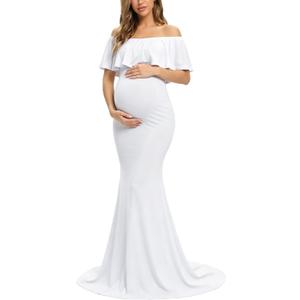 Glampunch Womens Off Shoulder Maternity Dress Ruffles Elegant Slim Gowns Fit Maxi Photography Dress (White, M)