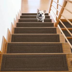 Non-Slip Stair Treads for Wooden Steps Indoor, 15 Pack 8" X 30" Edging Stair Rugs with TPE Backing, 0.4" Thick Carpet Stair Treads for Kids Elders & Pets, 100% Polyester Soft Stair Runners, Brown