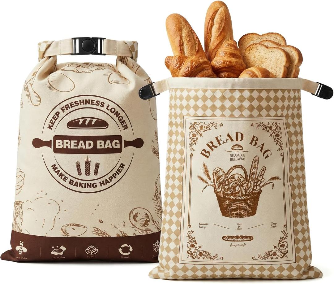 2 Pack Reusable Beeswax Bread Bags, 16x12 Inch Cotton Storage Bags with Removable Liner for Sourdough & Homemade Bread, Fresh-Keeping for Fridge and Daily Use