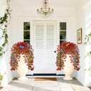 2 Packs Outdoor Artificial Hanging Flowers with 3D Magnetic Butterflies, UV Resistant Faux Silk Blooms for Spring Summer Porch Patio Balcony Decor, Red (With 8 PCS Simulated Butterflies)