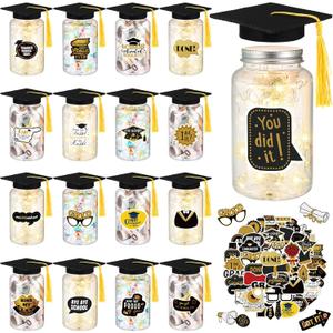 12 Sets 2025 Graduation Decorations Class of 2025 Graduation Jar Table Centerpieces with Black Felt Grad Hat and Stickers for College High School Congrats Grad Party Supplies