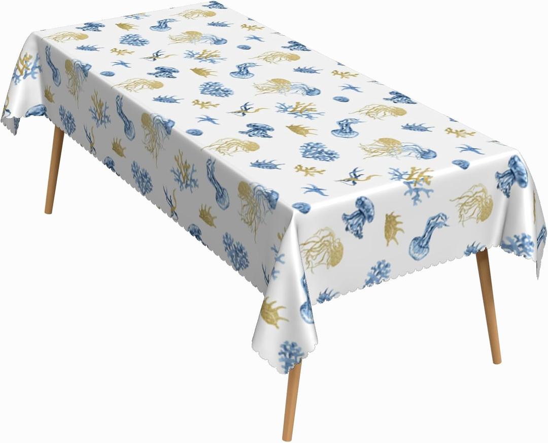 60x102 Inch Marine Rectangle Tablecloth Jellyfish Coral White Table Cloth Summer Ocean Washable Durable Table Cover for Kitchen Dining Picnic BBQ Holiday Party Decor