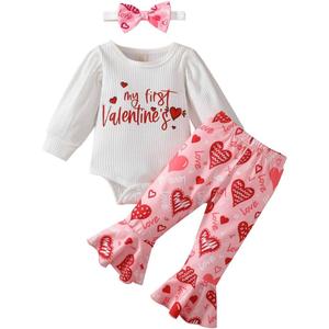 My First Valentines Newborn Baby Girl Outfits Letter Romper Love Heart Print Bell-Bottom Flare Pants Headband (White, 9-12 Months)