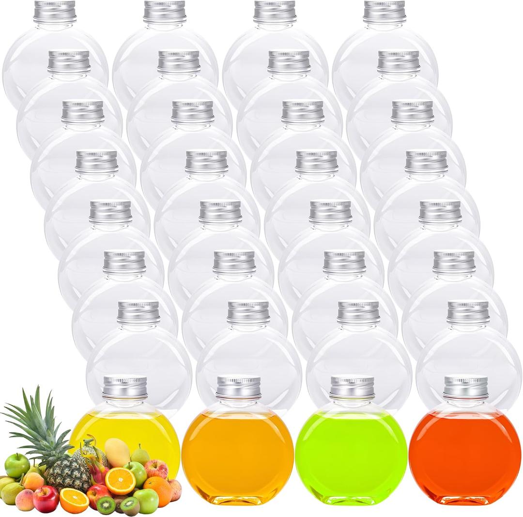 32 Pack Plastic Juice Bottles with Silver Aluminum Cap Clear Mini Plastic Flask Bulk 10 oz Leak Proof Juice Container Round Flat Beverage Container for Milk Coffee Picnic Christmas Birthday Party