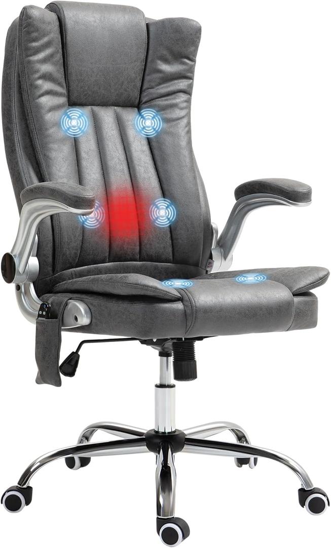 HOMCOM High Back Vibration Massage Office Chair, Leathaire Heated Computer Chair with Flip-up Armrest, Swivel Wheels & Adjustable Height, Gray (Grey)