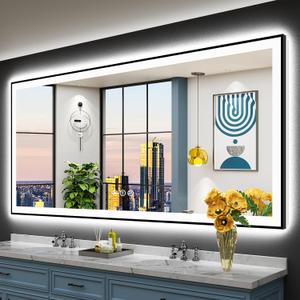 84x40 Black Framed LED Bathroom Mirror with Lights, Backlit and Front Lit Anti-Fog Lighted Vanity Mirrors for Bathroom Wall, Dimmable, 3 Colors, Memory, HD Tempered Glass, Horizontal/Vertical