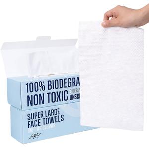 Clean XL Disposable Face Towels 11.8"7.8", 100% Biobased Biodegradable Viscose, Ultra Soft & Hygienic Facial Towelettes for Makeup Removal and Skincare, Safe for All Skin Types, 120 Count, 2 Packs