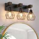 Farmhouse Bathroom Light Fixtures, 3-Light Bathroom Lighting Fixtures Over Mirror, Rustic Wood Black Gold Vanity Lights Wall Sconces with Metal Lampshade for Living Room