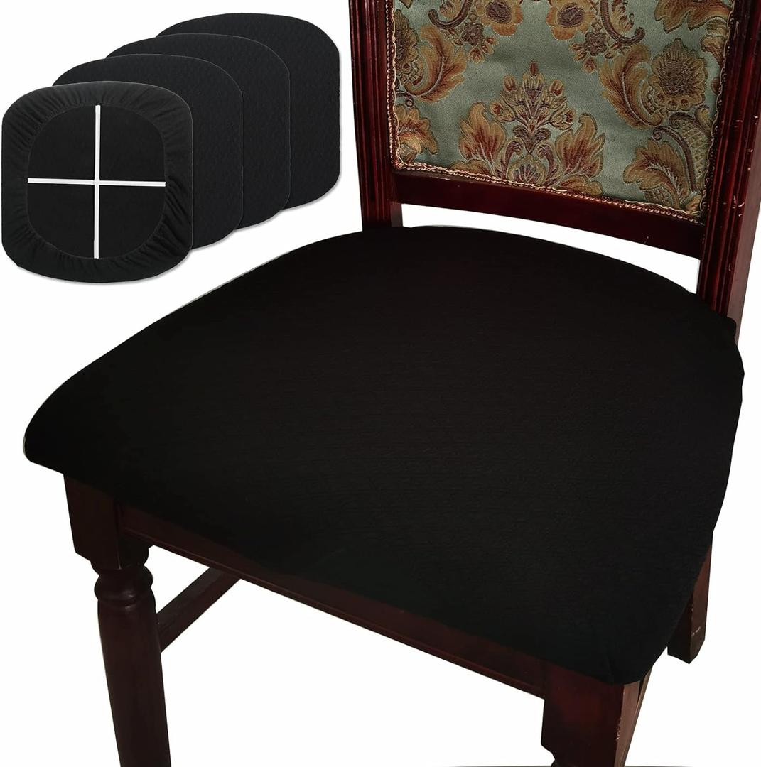 BUYUE Dining Room Chair Seat Covers Set of 4, TPU not Mixed, Friendly Jacquard Fabric Stretch Washable Slipcover for Kitchen Seat Cushions, Black-4PCS