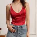 Velius Women's Sexy Deep V Neck Shiny Thong Bodysuit Tank Tops with Underwire (Red,Medium)