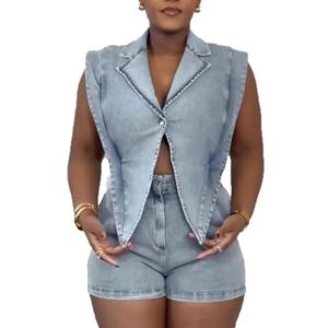 Quzzion Womens Summer Jean Romper Vintage Sleeveless Tops Lapel Button Sexy Denim Short One Piece Jumpsuit Large
