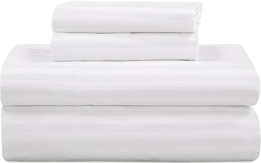 ROYALE LINENS 300 Thread Count 100% Long Staple Combed Cotton Striped Sheet Set - 4 Piece Full Bed Sheets - 1 Fitted, 1 Flat, 2 Pillow Cases -Soft Cool & Crisp Sheet Set (Full, Stripe White)