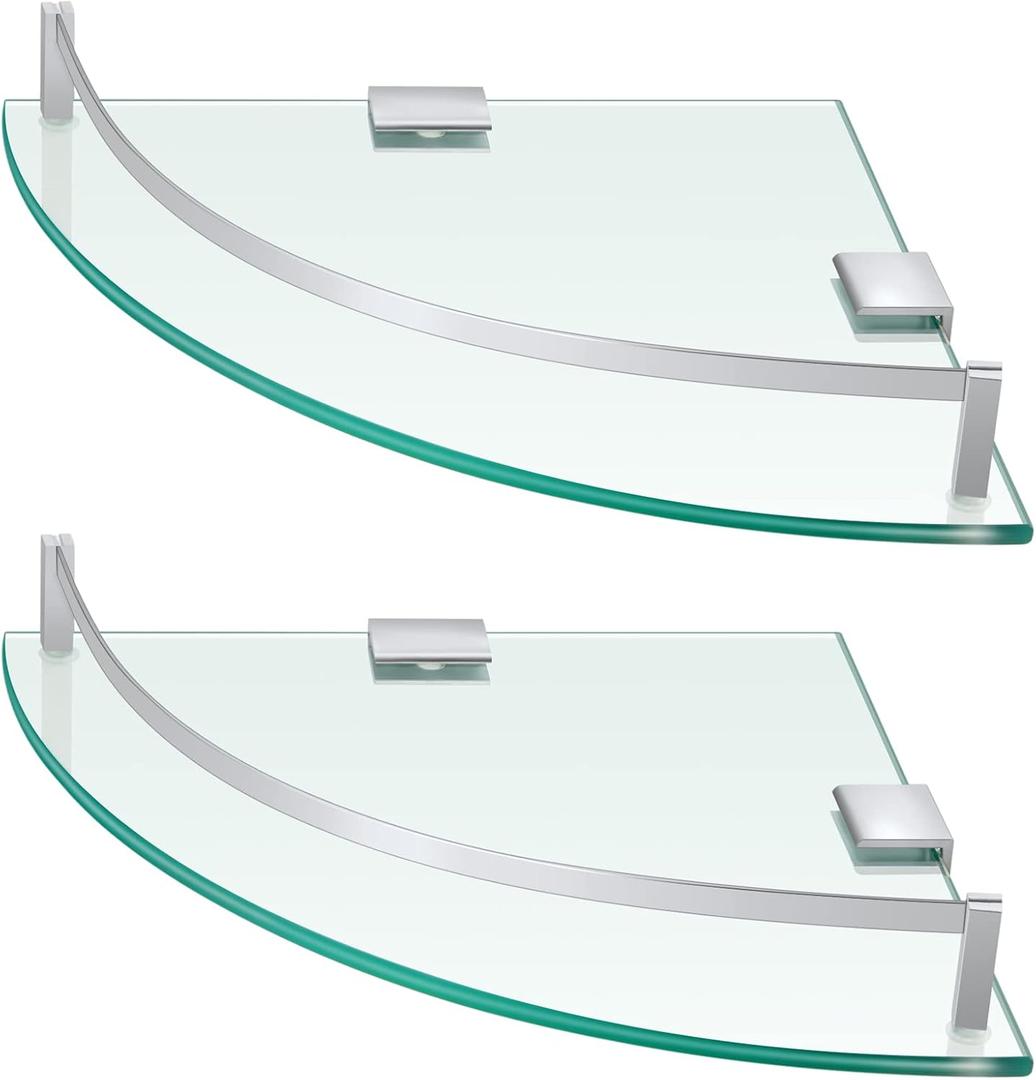 Gejoy Glass 2 Pack Corner Shower Shelf, Bathroom Corner Shelves Wall Mounted with Tempered Glass and Rustproof Brackets, Floating Shower Organizer for Shampoo, Soap and Bath Accessories, 9.25 Inch