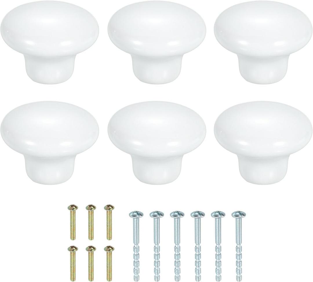uxcell 6Pcs Ceramic Cabinet Knobs, 32mm/1.26" Mushroom Round Shaped Drawer Knobs Dresser Knob Pulls Handle with Screws for Wardrobes Bedroom Furniture Closet Cupboard, White