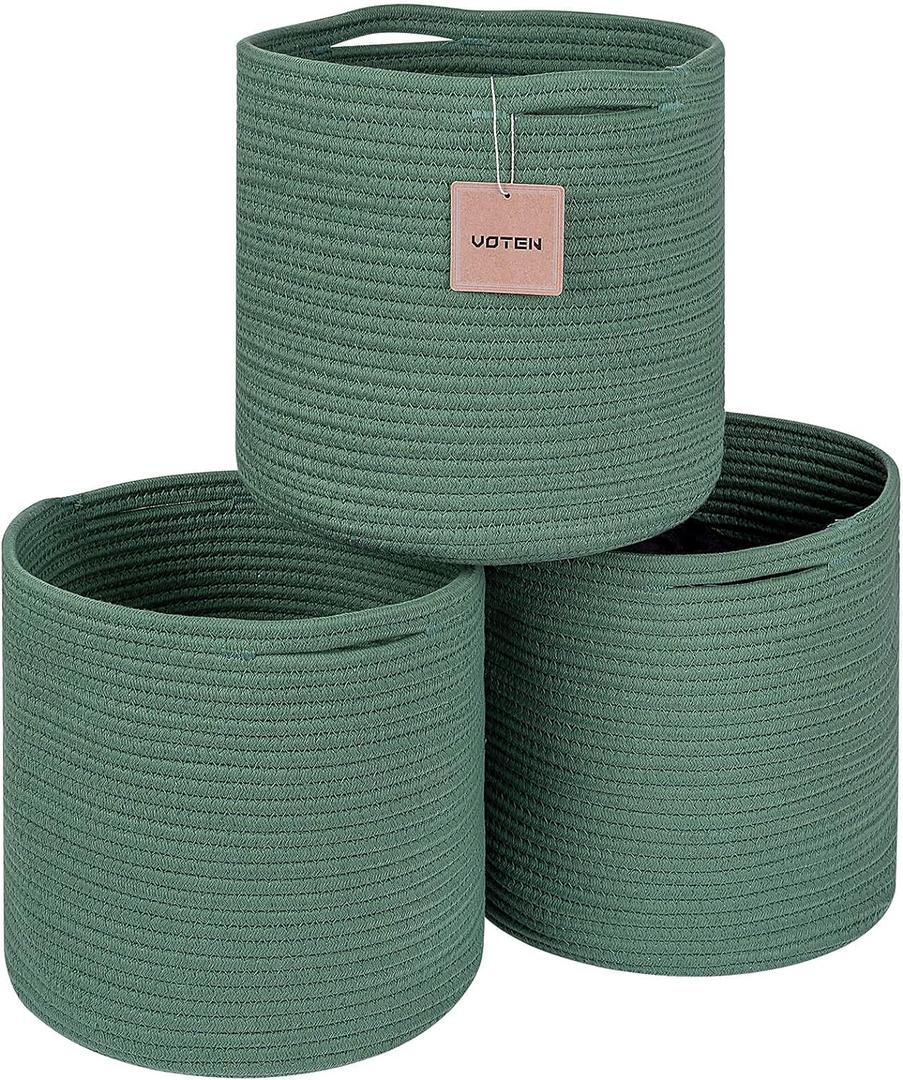 voten Storage Cubes Baskets Bins Organizer 11x11x11'' Fit 12x12''Cube Storage Organizer Bookcases Shelf,Durable Woven Cotton Storage Basket for Organizing,Round 3Pack Green (L11xW11xH10.7)