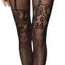OYOANGLE Women's Floral Lace Fishnet Mesh Tights High Waisted See Through Sheer Pantyhose (Black)