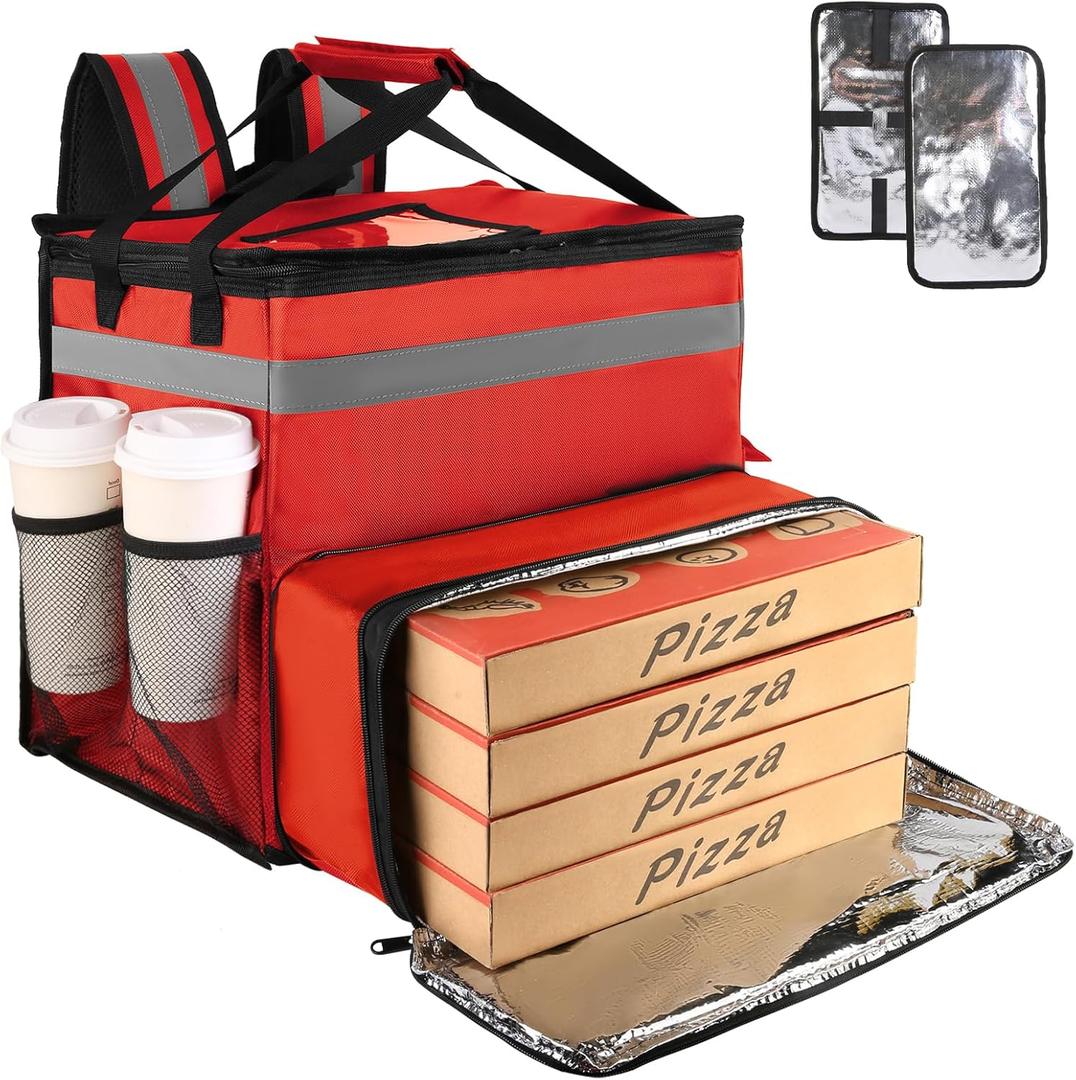 Food Delivery Backpack, Large Insulated Backpack for Doordash/Uber Eeats, Expandable Cooler Bags for Bike/Motorcycle with Reflective Strip/Cup Holders,Reusable Pizza Food Delivery Bag with Hand Straps (Red)