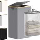 efluky Laundry Basket with Lid and Removable Bag, 100L Tall Laundry Hamper with Bamboo Handles, Aesthetic Dirty Clothes Bin for Laundry Room, Bathroom, Bedroom and Dorm, Silver Grey