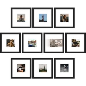upsimples 8x8 Picture Frame Set of 10, Display Pictures 4x4 with Mat or 8x8 Without, Multi Photo Frames Collage for Wall or Tabletop Display, Black