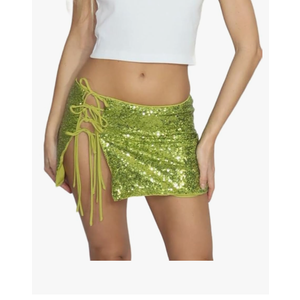Women Sexy Sequin Mini Skirts Y2k Side Tie Up Low Rise Sparkly Bodycon Skirt Casual Beaded Glitter Pencil Party Skirt S