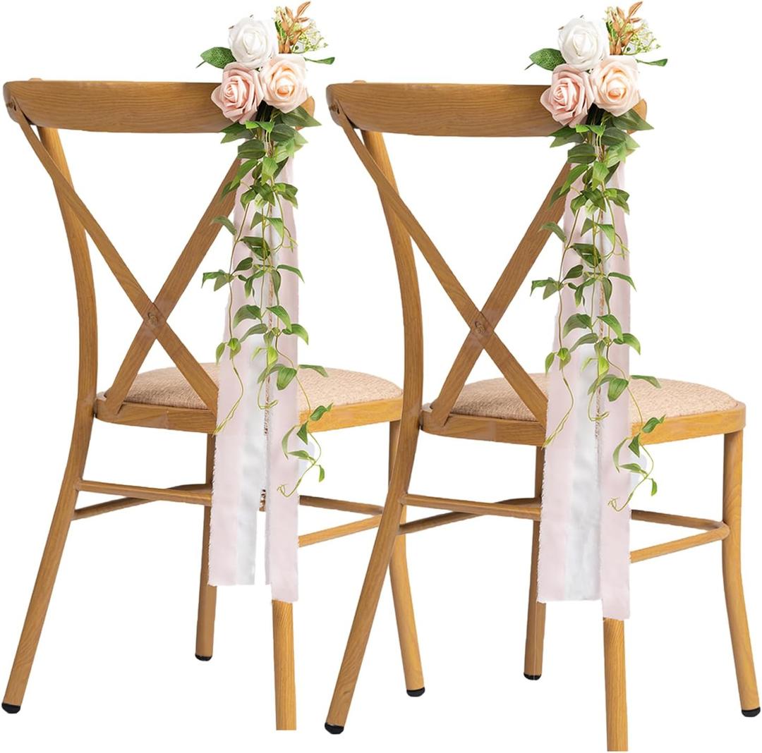 Meldel Wedding Chair Decorations Set of 10 Aisle Artificial Flowers White Pink Rose Garland with Hanging Ribbons for Ceremony Reception Church Pew Arrangement Party Aisle Decor
