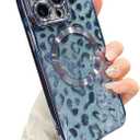 ZONRW for iPhone 15 Pro Case Magnetic,Soft Cute Luxury Leopard Cheetah Pattern Plating Glitter Bling Phone Case Compatible with MagSafe Clear Shockproof Back Cover for Women Girl 6.1"-Blue