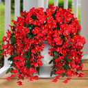 Sggvecsy Artificial Fake Hanging Flowers Plants for Outdoor Outside Spring Summer Decoration 2PCS Faux Silk UV Resistant Realistic Morning Glory Trailing Vines for Home Porch Patio Balcony(Red)