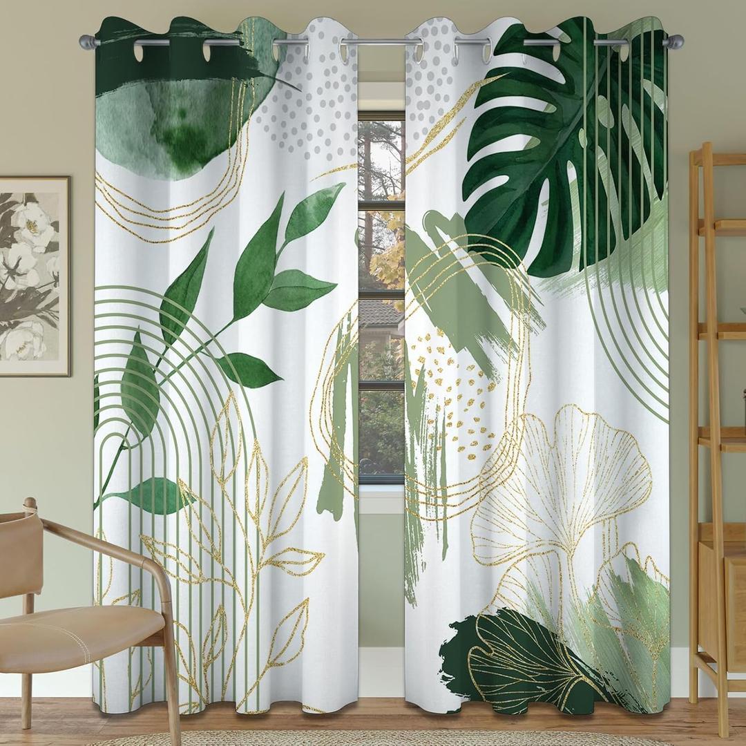 Modern Bohemian Sage Green Leaf Blackout Curtains, Mid Century Modern Minimalist Boho Olive Green Palm Window Drapes for Bedroom Living Room, 84 inch Length 2 Panels Set, 52x84 inch